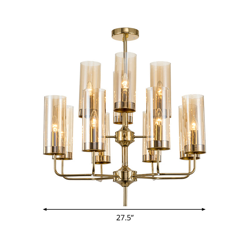 Postmodern Cylinder Hanging Lamp Kit - Blue/Cognac Glass 12 Head Dining Room Chandelier Light