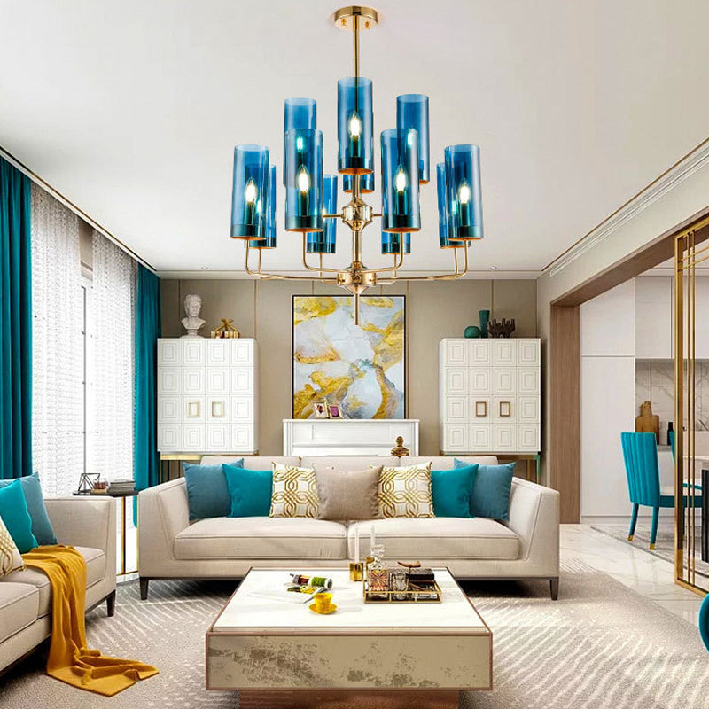 Postmodern Cylinder Hanging Lamp Kit - Blue/Cognac Glass 12 Head Dining Room Chandelier Light