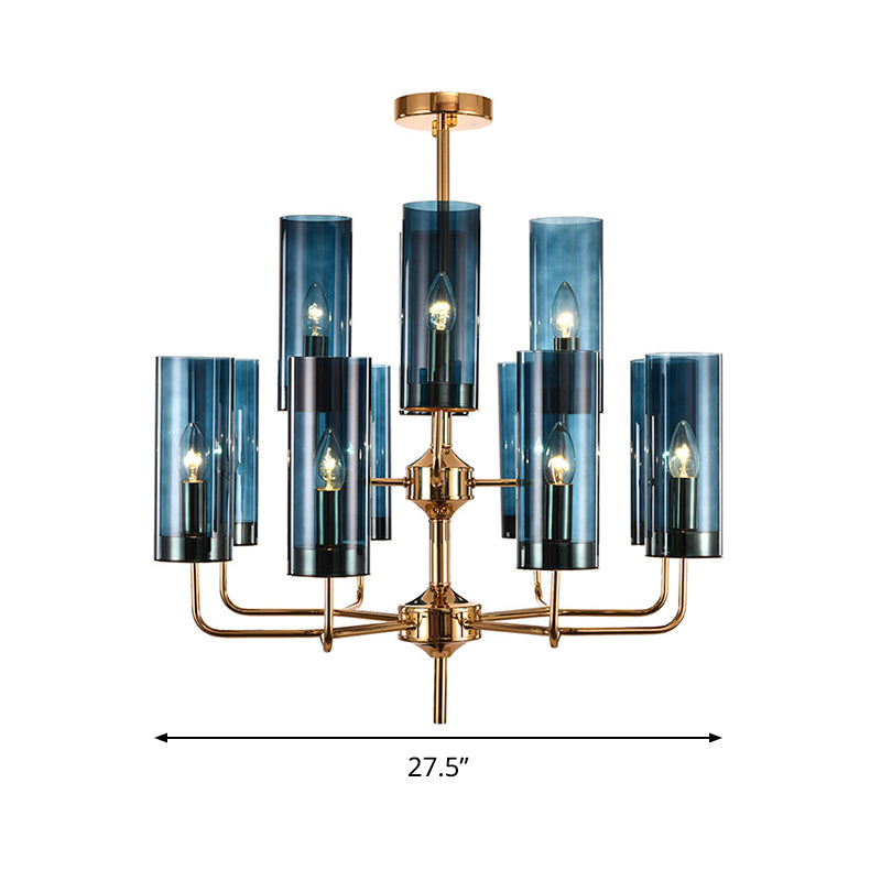 Postmodern Cylinder Hanging Lamp Kit - Blue/Cognac Glass 12 Head Dining Room Chandelier Light