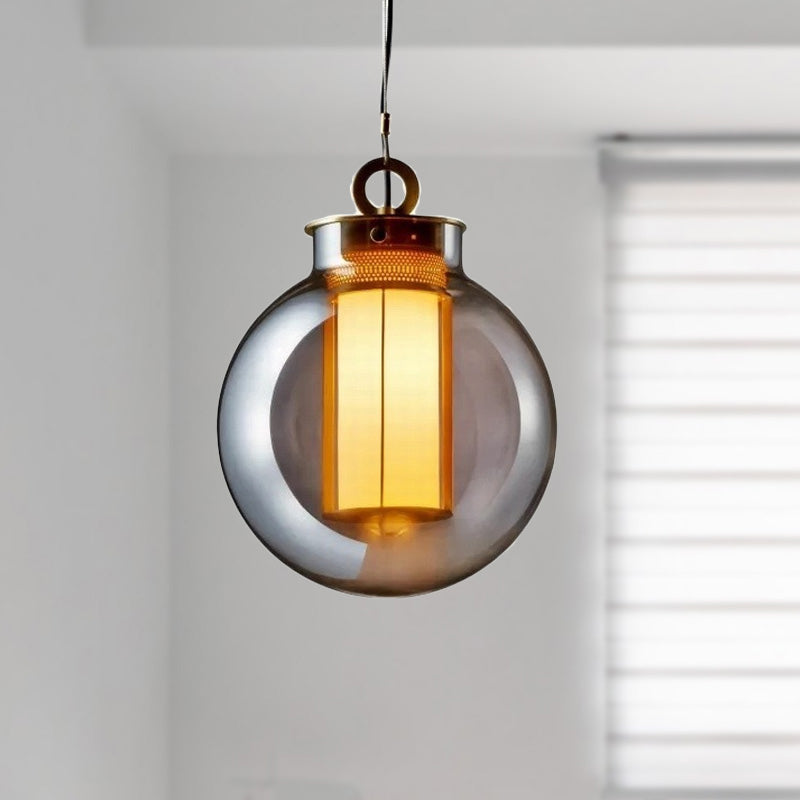 Smoke Gray Glass Nordic Globe Pendant Light With White Inner Cylinder Shade For Bedroom