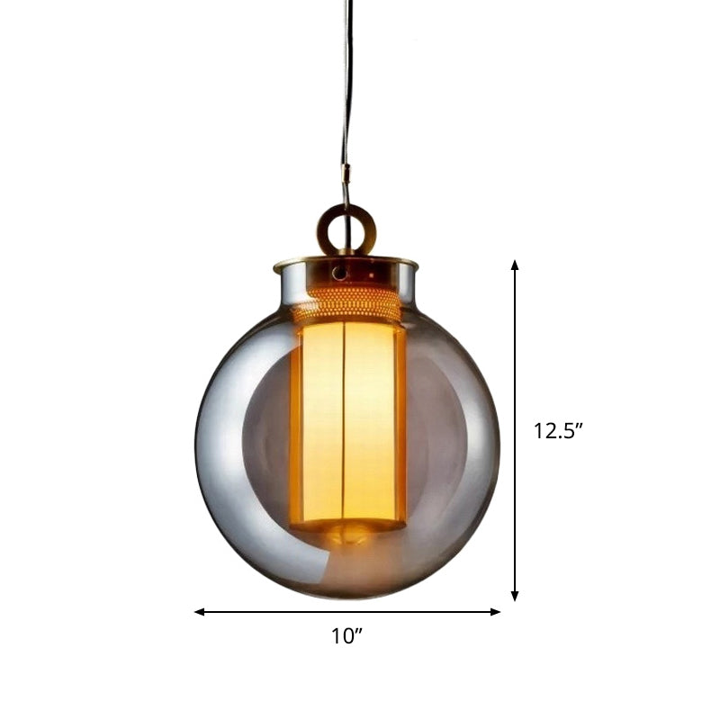 Smoke Gray Glass Nordic Globe Pendant Light With White Inner Cylinder Shade For Bedroom