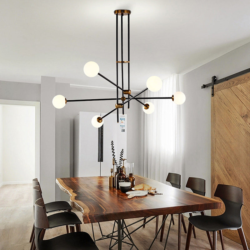 Minimalist Metal Hanging Lamp with 6-Head Black Chandelier in Opal Glass Shade