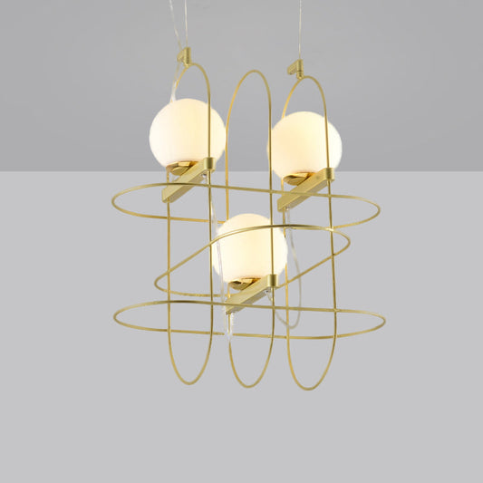 Modern Gold 3-Head Chandelier Light with Oval Metal Frame and Opal Glass Shade