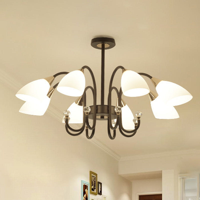 Rustic Black Iron Chandelier Light With Frosted Cone Glass Shades - 6/8/10 Heads Curved Arm Design