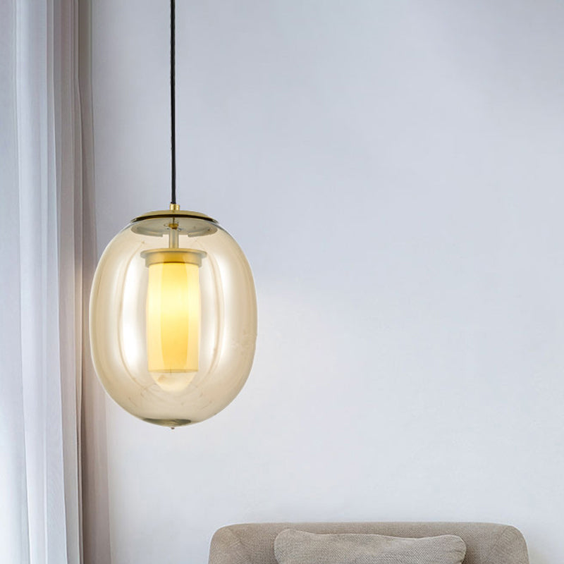 Contemporary Amber Glass Oval Pendant Ceiling Light with Gold Hanging Lamp Kit - 1 Head, 7"/8.5