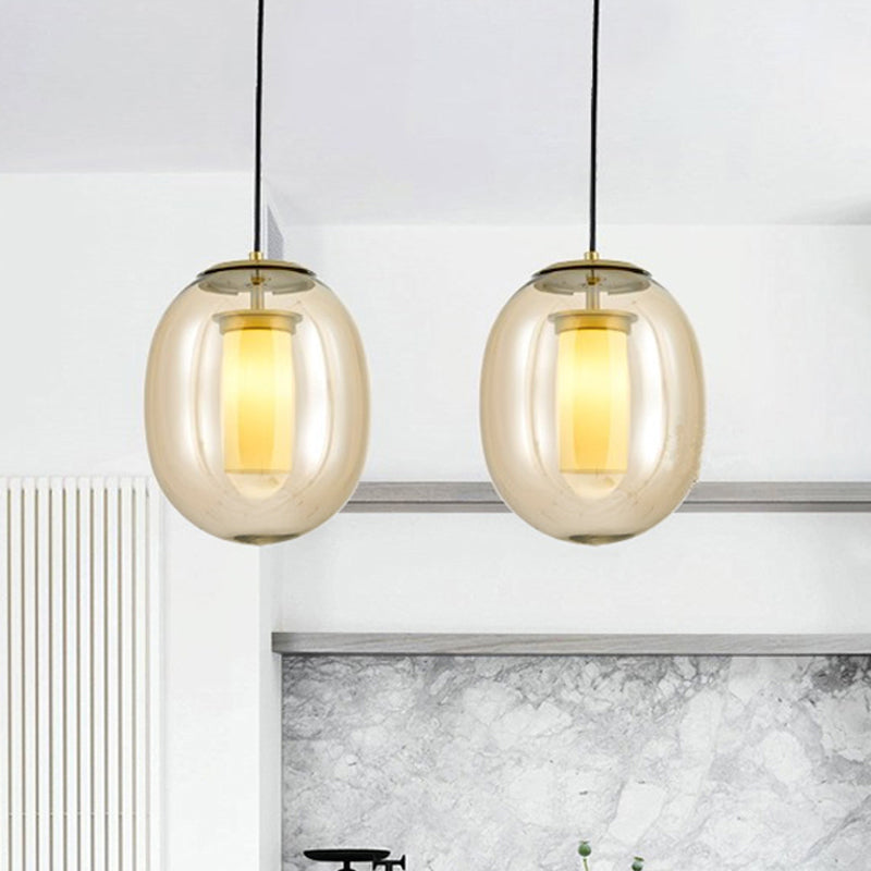 Contemporary Amber Glass Oval Pendant Ceiling Light With Gold Kit - 1 Head 7/8.5