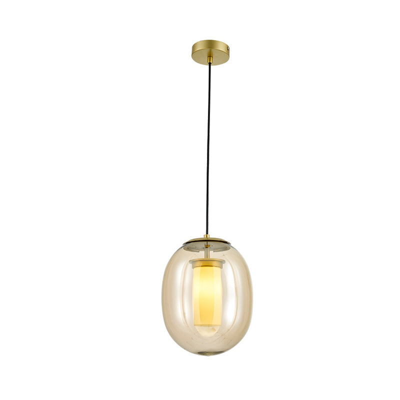 Contemporary Amber Glass Oval Pendant Ceiling Light with Gold Hanging Lamp Kit - 1 Head, 7"/8.5