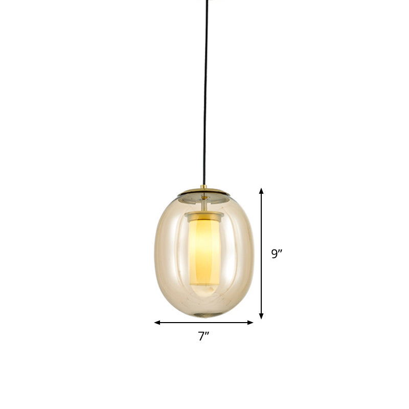 Contemporary Amber Glass Oval Pendant Ceiling Light with Gold Hanging Lamp Kit - 1 Head, 7"/8.5