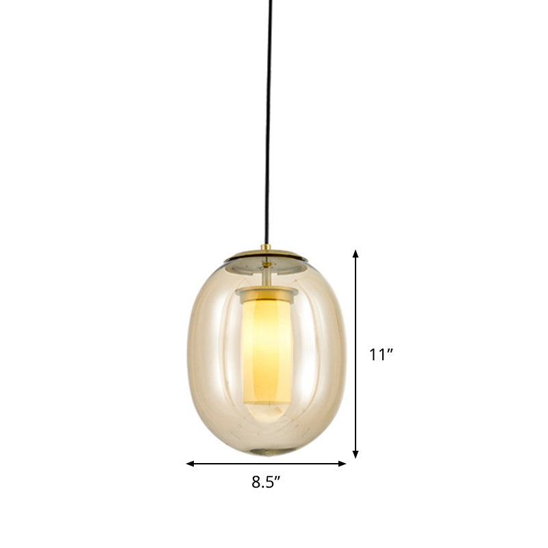 Contemporary Amber Glass Oval Pendant Ceiling Light with Gold Hanging Lamp Kit - 1 Head, 7"/8.5