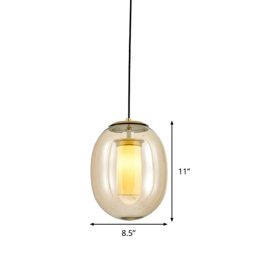 Contemporary Amber Glass Oval Pendant Ceiling Light With Gold Kit - 1 Head 7/8.5