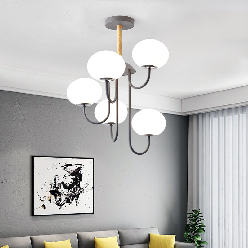 Lustre de style nordique gris/vert avec abat-jour en verre blanc en forme de dôme - Lampe suspendue de salon à 3/5 lumières