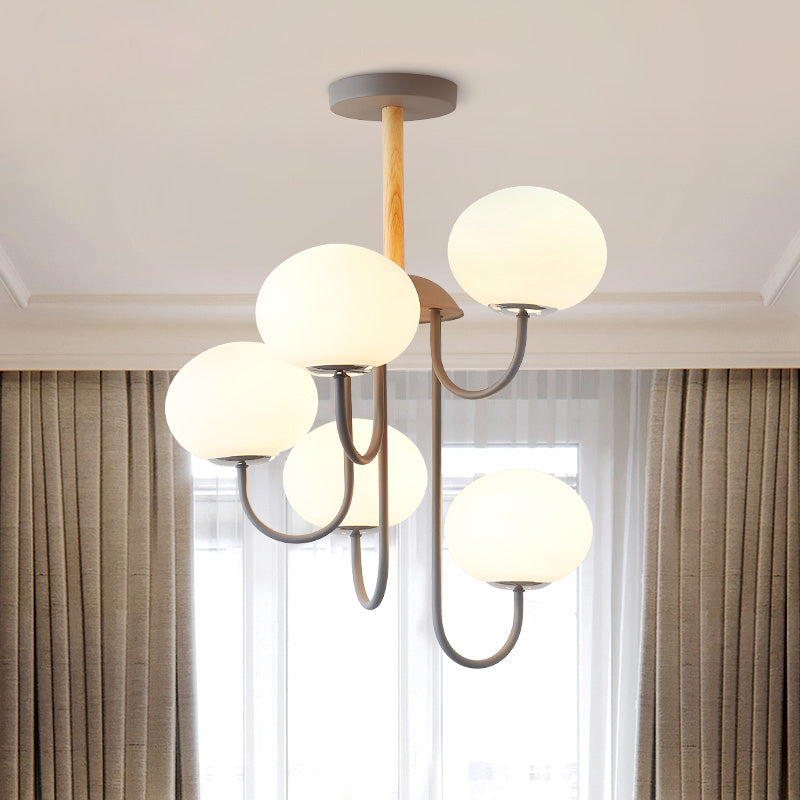 Lustre de style nordique gris/vert avec abat-jour en verre blanc en forme de dôme - Lampe suspendue de salon à 3/5 lumières