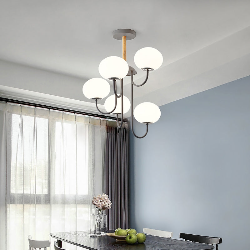 Lustre de style nordique gris/vert avec abat-jour en verre blanc en forme de dôme - Lampe suspendue de salon à 3/5 lumières