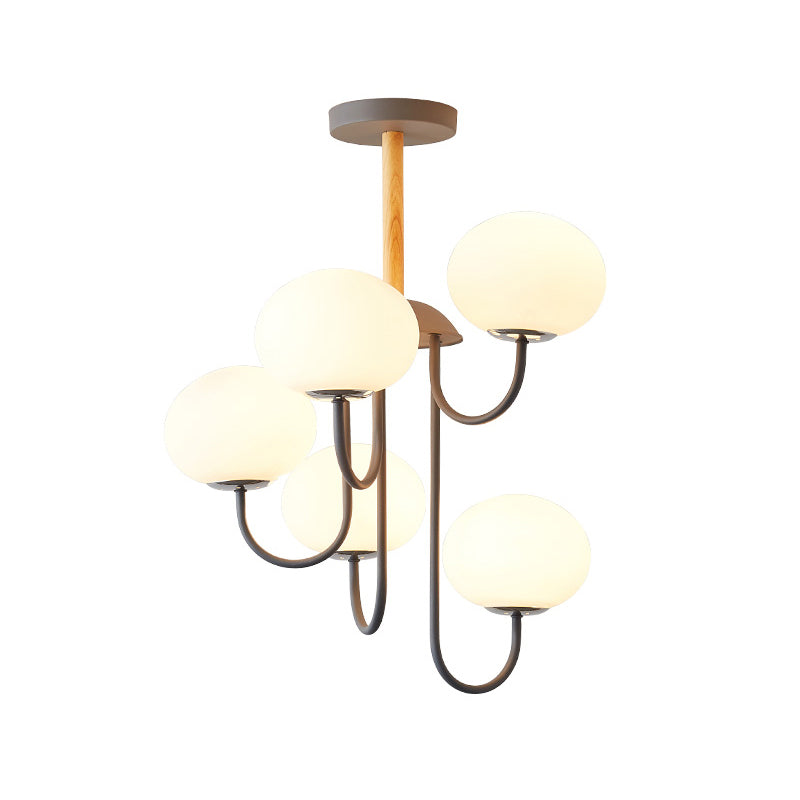 Lustre de style nordique gris/vert avec abat-jour en verre blanc en forme de dôme - Lampe suspendue de salon à 3/5 lumières