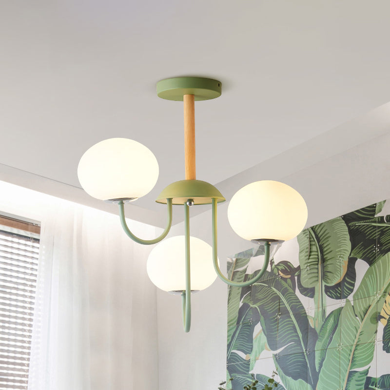 Lustre de style nordique gris/vert avec abat-jour en verre blanc en forme de dôme - Lampe suspendue de salon à 3/5 lumières