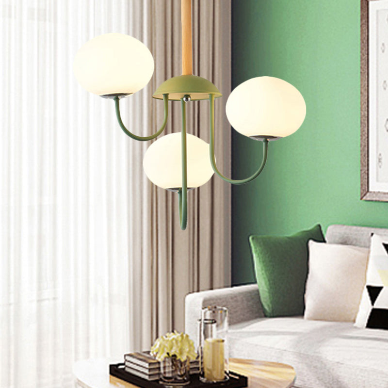 Lustre de style nordique gris/vert avec abat-jour en verre blanc en forme de dôme - Lampe suspendue de salon à 3/5 lumières