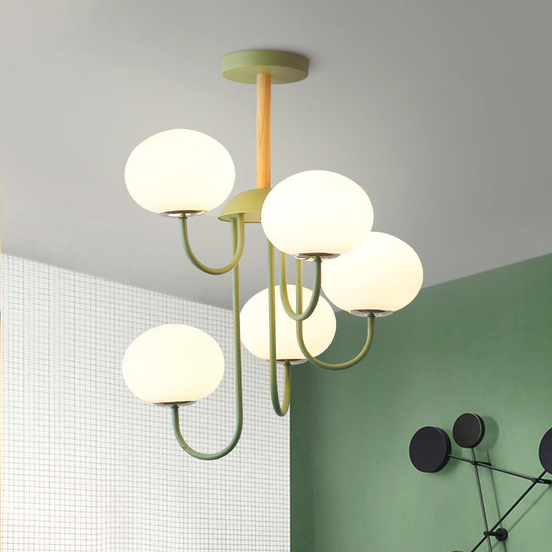 Lustre de style nordique gris/vert avec abat-jour en verre blanc en forme de dôme - Lampe suspendue de salon à 3/5 lumières