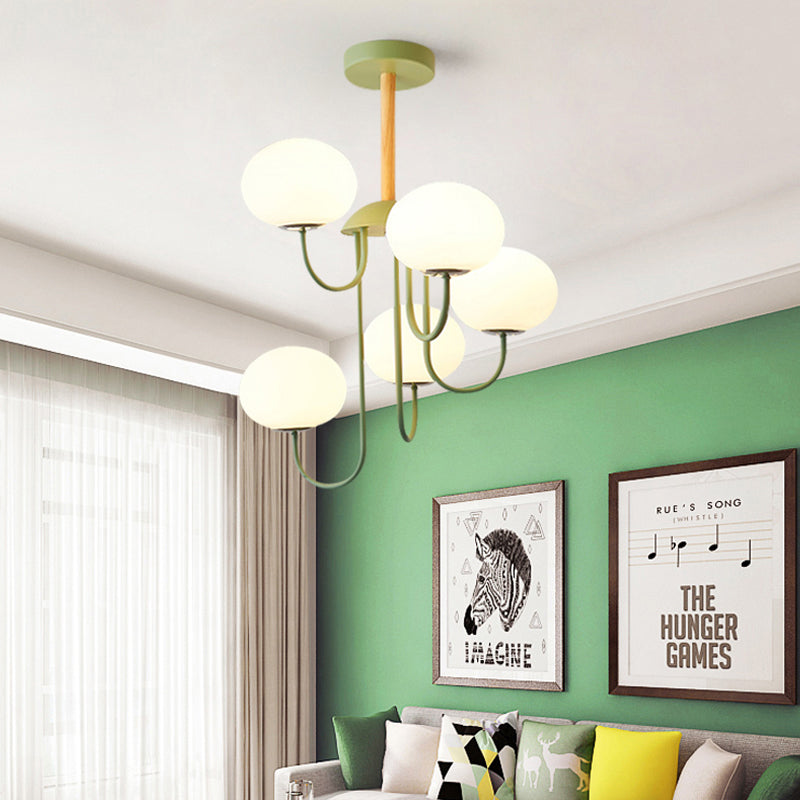 Lustre de style nordique gris/vert avec abat-jour en verre blanc en forme de dôme - Lampe suspendue de salon à 3/5 lumières