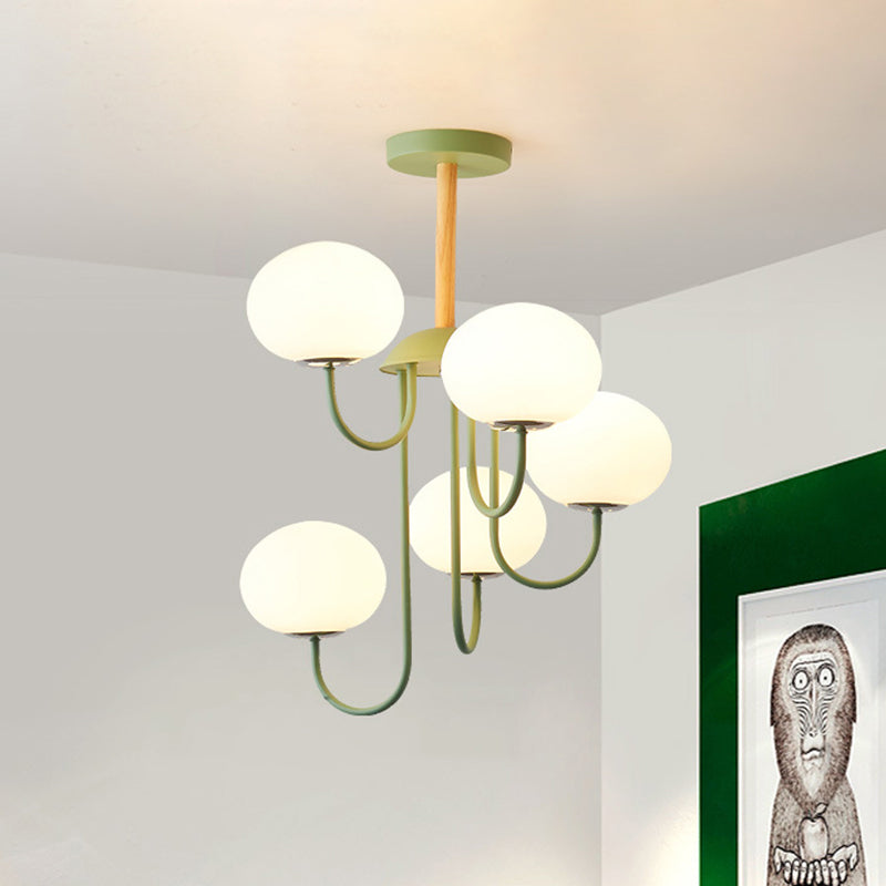 Lustre de style nordique gris/vert avec abat-jour en verre blanc en forme de dôme - Lampe suspendue de salon à 3/5 lumières