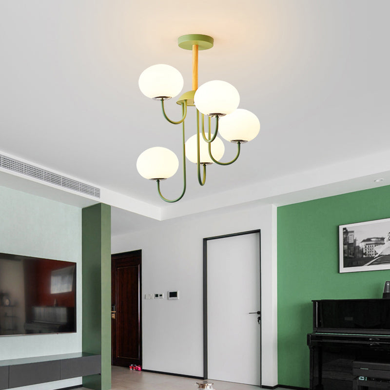 Lustre de style nordique gris/vert avec abat-jour en verre blanc en forme de dôme - Lampe suspendue de salon à 3/5 lumières