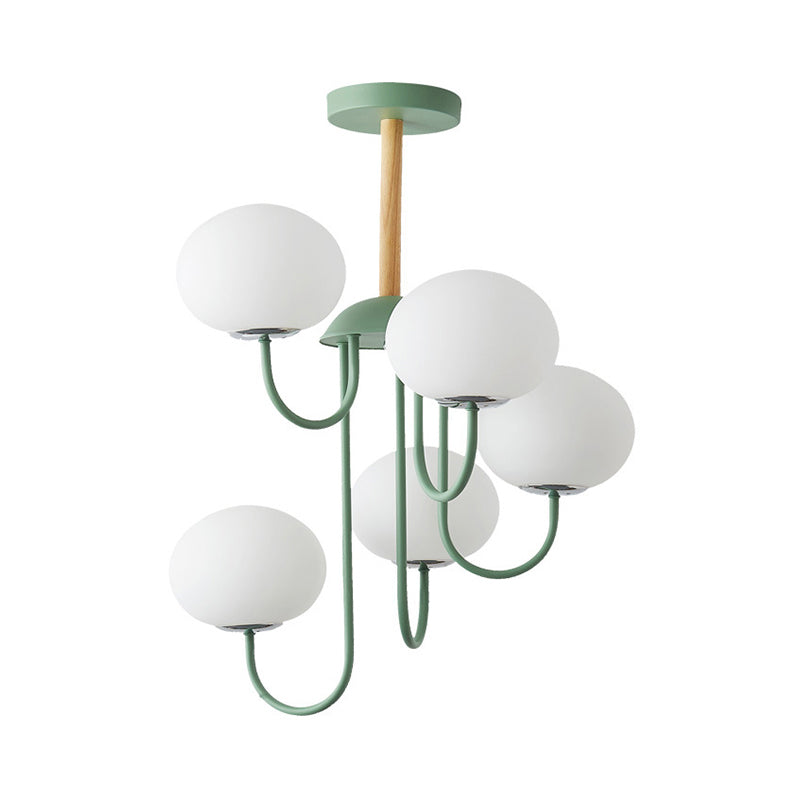 Lustre de style nordique gris/vert avec abat-jour en verre blanc en forme de dôme - Lampe suspendue de salon à 3/5 lumières