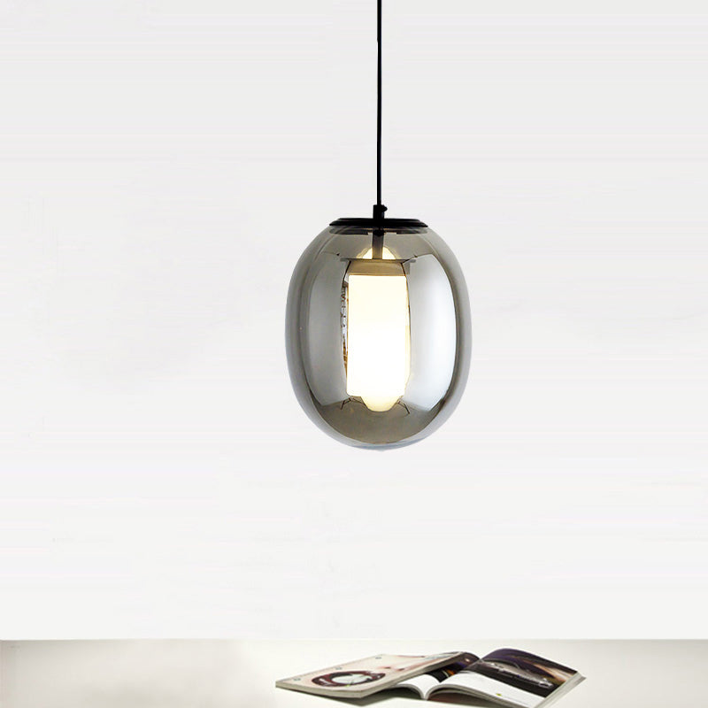 Simple Style Black Glass Pendant Light Kit - Oval Bedroom Hanging Lamp 1 Head 7/8.5 Wide / 7