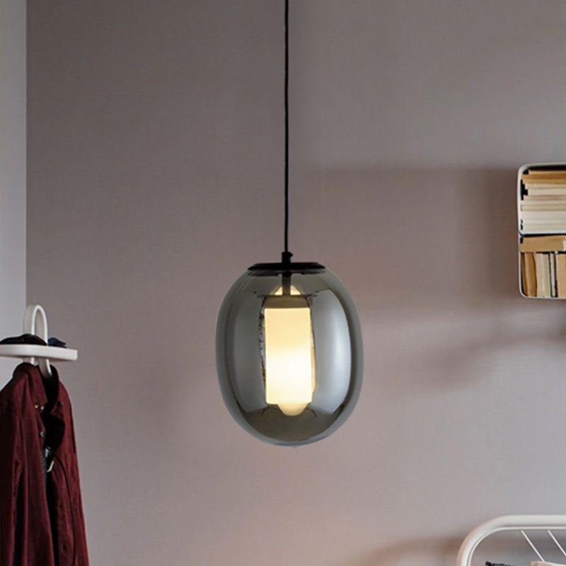 Black Glass Oval Bedroom Hanging Lamp Kit - 1 Head, 7"/8.5" Wide - Simple Style Pendant Light