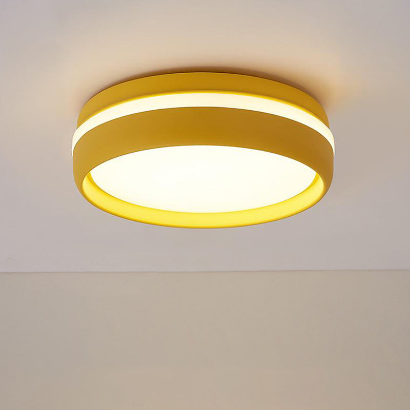 Metal Circular Flush Light Contemporary LED Ceiling Lamp in Pink/Yellow/Blue with Warm/White Light