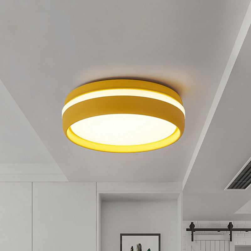 Metal Circular Flush Light Contemporary LED Ceiling Lamp in Pink/Yellow/Blue with Warm/White Light