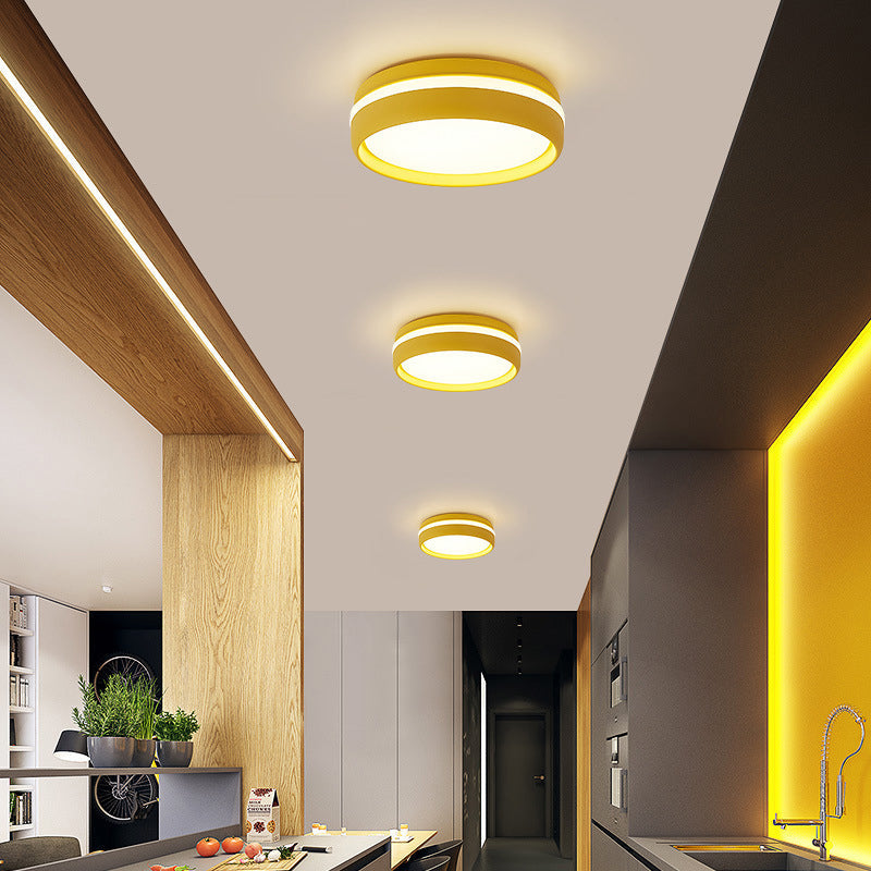 Metal Circular Flush Light Contemporary LED Ceiling Lamp in Pink/Yellow/Blue with Warm/White Light
