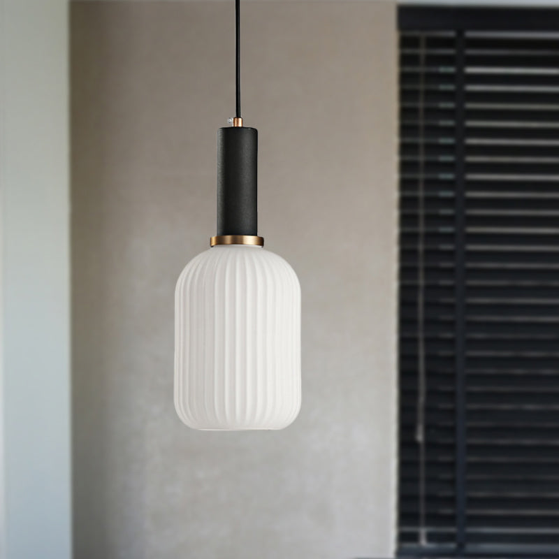 Macaron Pendant Light: Black/Pink/Blue, Cylinder/Oval/Drum White Glass Shade, 5"/8"/12" Wide