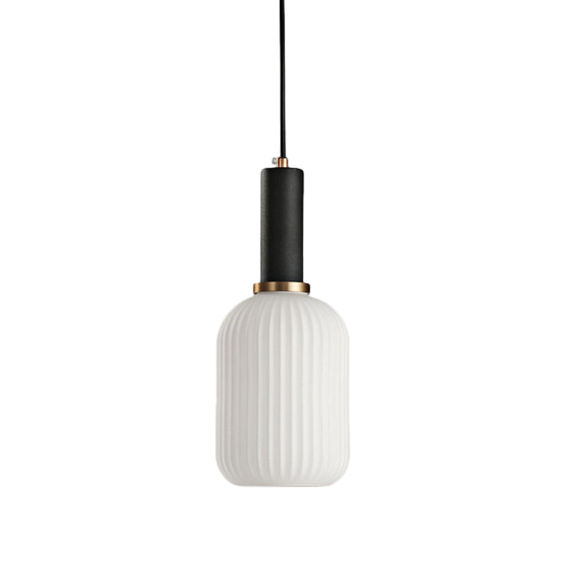 Macaron Pendant Light: Black/Pink/Blue, Cylinder/Oval/Drum White Glass Shade, 5"/8"/12" Wide
