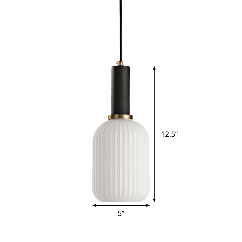 Macaron Pendant Light: Black/Pink/Blue, Cylinder/Oval/Drum White Glass Shade, 5"/8"/12" Wide