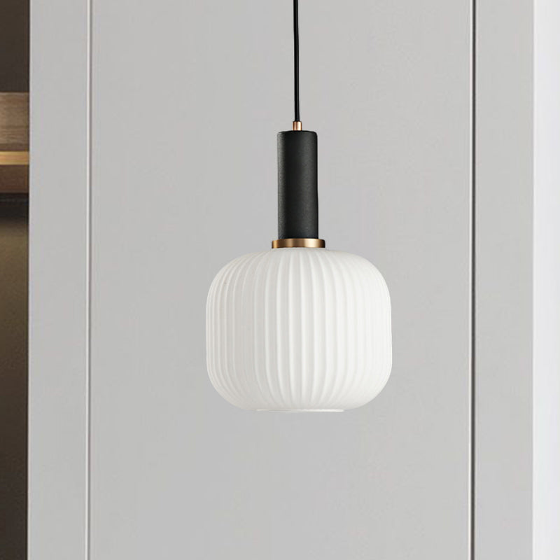 Macaron Pendant Light: Black/Pink/Blue, Cylinder/Oval/Drum White Glass Shade, 5"/8"/12" Wide
