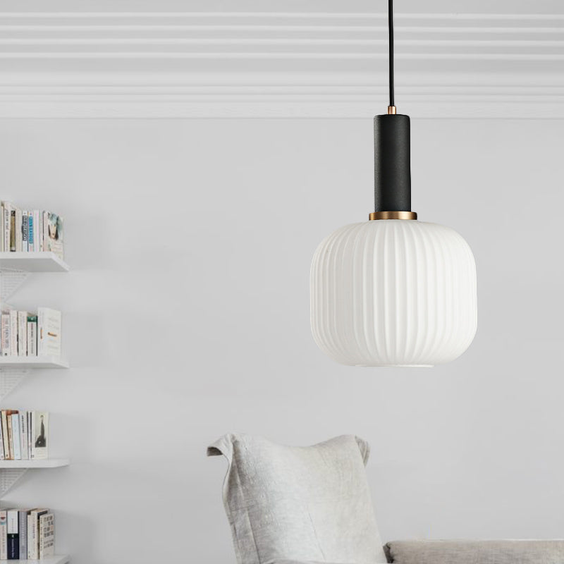 Macaron Pendant Light: Black/Pink/Blue, Cylinder/Oval/Drum White Glass Shade, 5"/8"/12" Wide