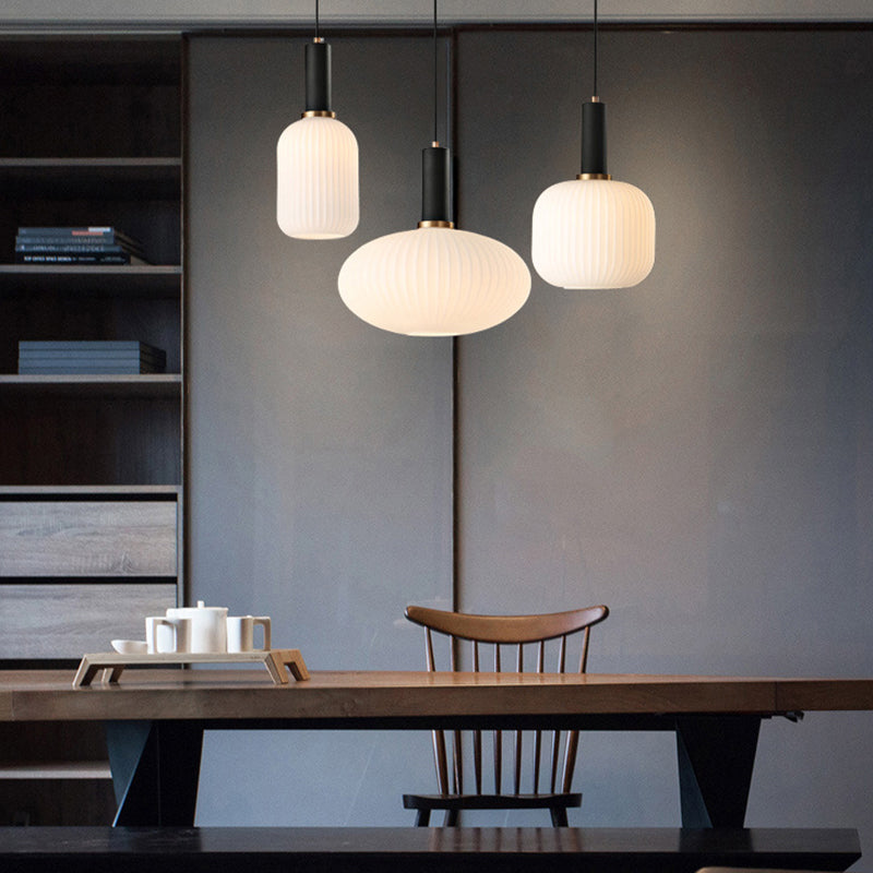 Macaron Pendant Light: Black/Pink/Blue, Cylinder/Oval/Drum White Glass Shade, 5"/8"/12" Wide