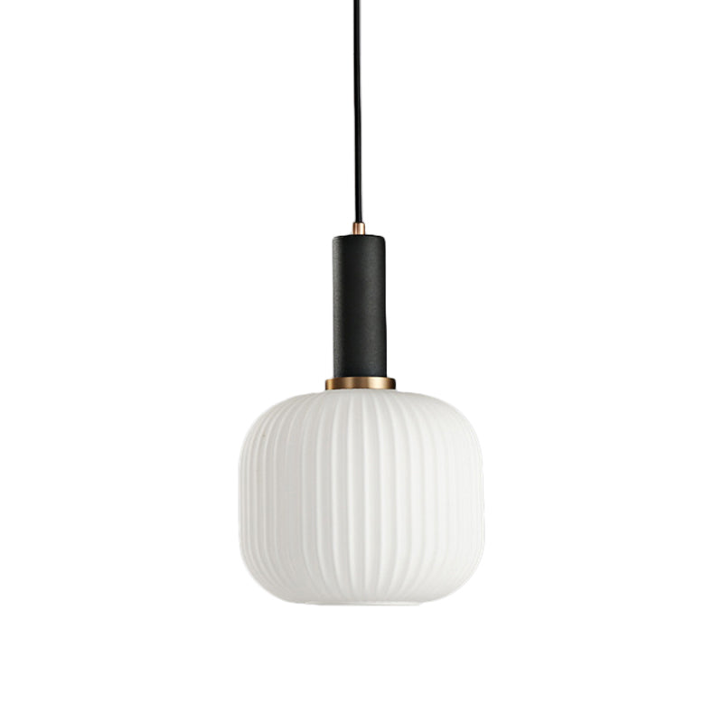 Macaron Pendant Light: Black/Pink/Blue, Cylinder/Oval/Drum White Glass Shade, 5"/8"/12" Wide