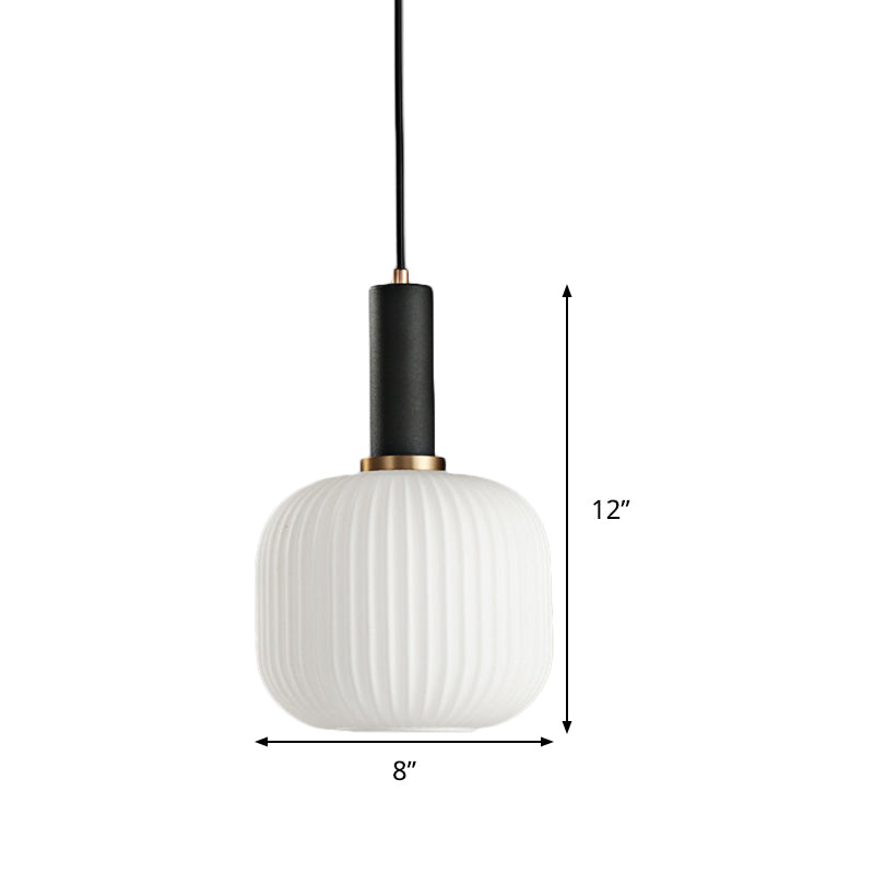 Macaron Pendant Light: Black/Pink/Blue, Cylinder/Oval/Drum White Glass Shade, 5"/8"/12" Wide