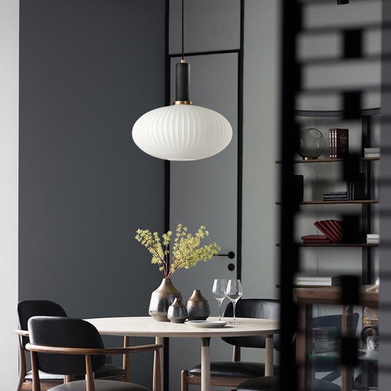 Macaron Pendant Light: Black/Pink/Blue, Cylinder/Oval/Drum White Glass Shade, 5"/8"/12" Wide