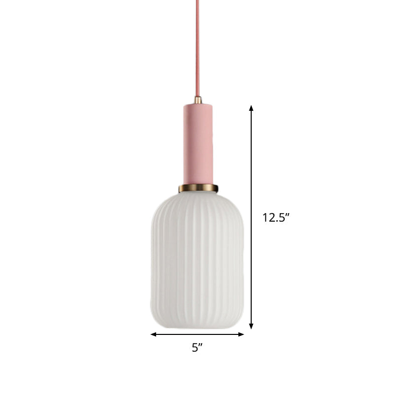 Macaron Pendant Light: Black/Pink/Blue, Cylinder/Oval/Drum White Glass Shade, 5"/8"/12" Wide