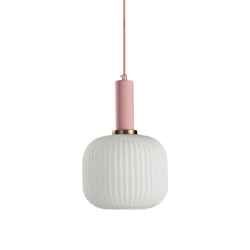 Macaron Pendant Light: Black/Pink/Blue, Cylinder/Oval/Drum White Glass Shade, 5"/8"/12" Wide