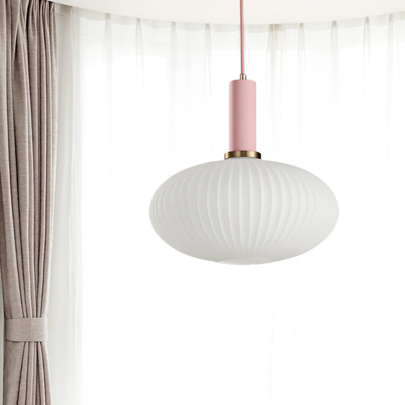 Macaron Pendant Light: Black/Pink/Blue, Cylinder/Oval/Drum White Glass Shade, 5"/8"/12" Wide
