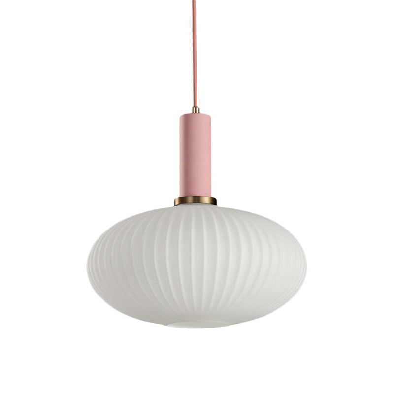 Macaron Pendant Light: Black/Pink/Blue, Cylinder/Oval/Drum White Glass Shade, 5"/8"/12" Wide
