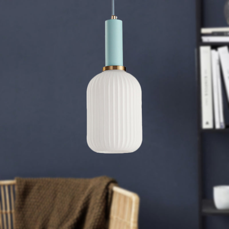 Macaron Pendant Light: Black/Pink/Blue, Cylinder/Oval/Drum White Glass Shade, 5"/8"/12" Wide