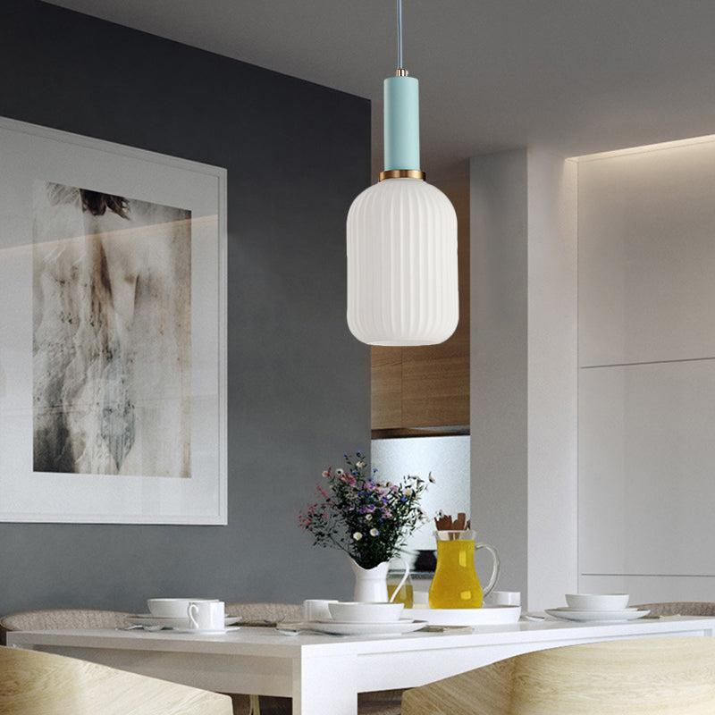 Macaron Pendant Light: Black/Pink/Blue, Cylinder/Oval/Drum White Glass Shade, 5"/8"/12" Wide