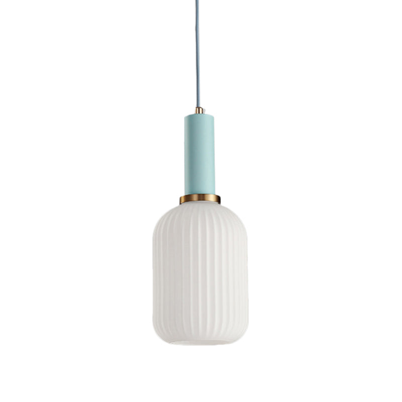 Macaron Pendant Light: Black/Pink/Blue, Cylinder/Oval/Drum White Glass Shade, 5"/8"/12" Wide
