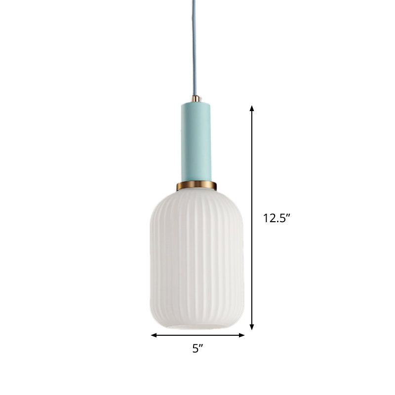 Macaron Pendant Light: Black/Pink/Blue, Cylinder/Oval/Drum White Glass Shade, 5"/8"/12" Wide
