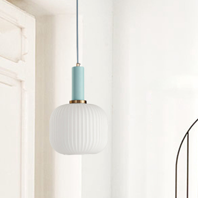 Macaron Pendant Light: Black/Pink/Blue, Cylinder/Oval/Drum White Glass Shade, 5"/8"/12" Wide