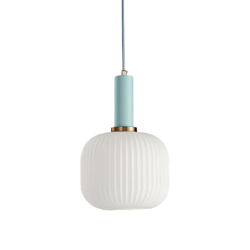 Macaron Pendant Light: Black/Pink/Blue, Cylinder/Oval/Drum White Glass Shade, 5"/8"/12" Wide
