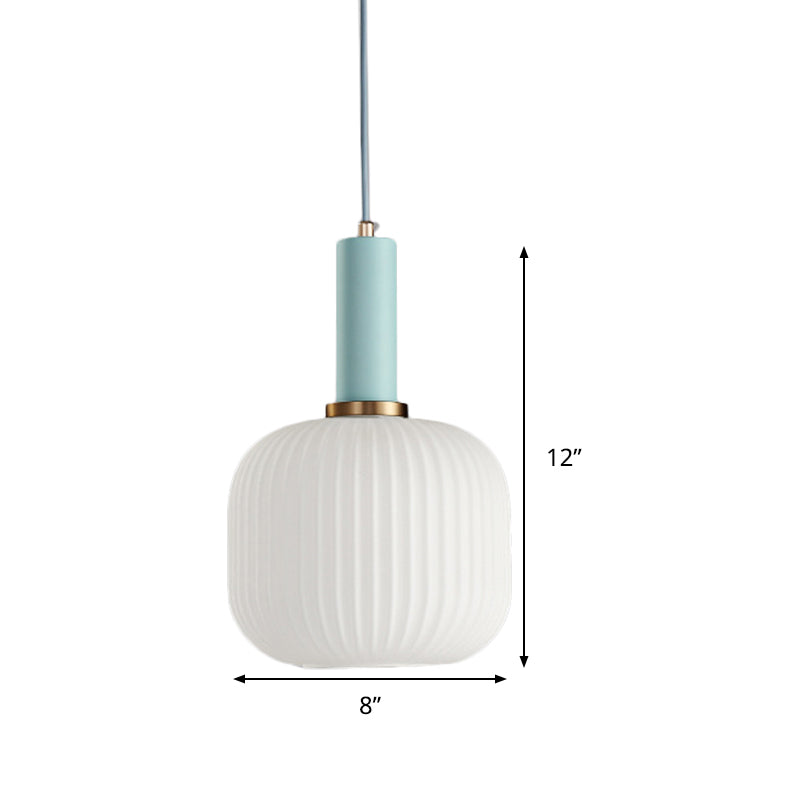 Macaron Pendant Light: Black/Pink/Blue, Cylinder/Oval/Drum White Glass Shade, 5"/8"/12" Wide